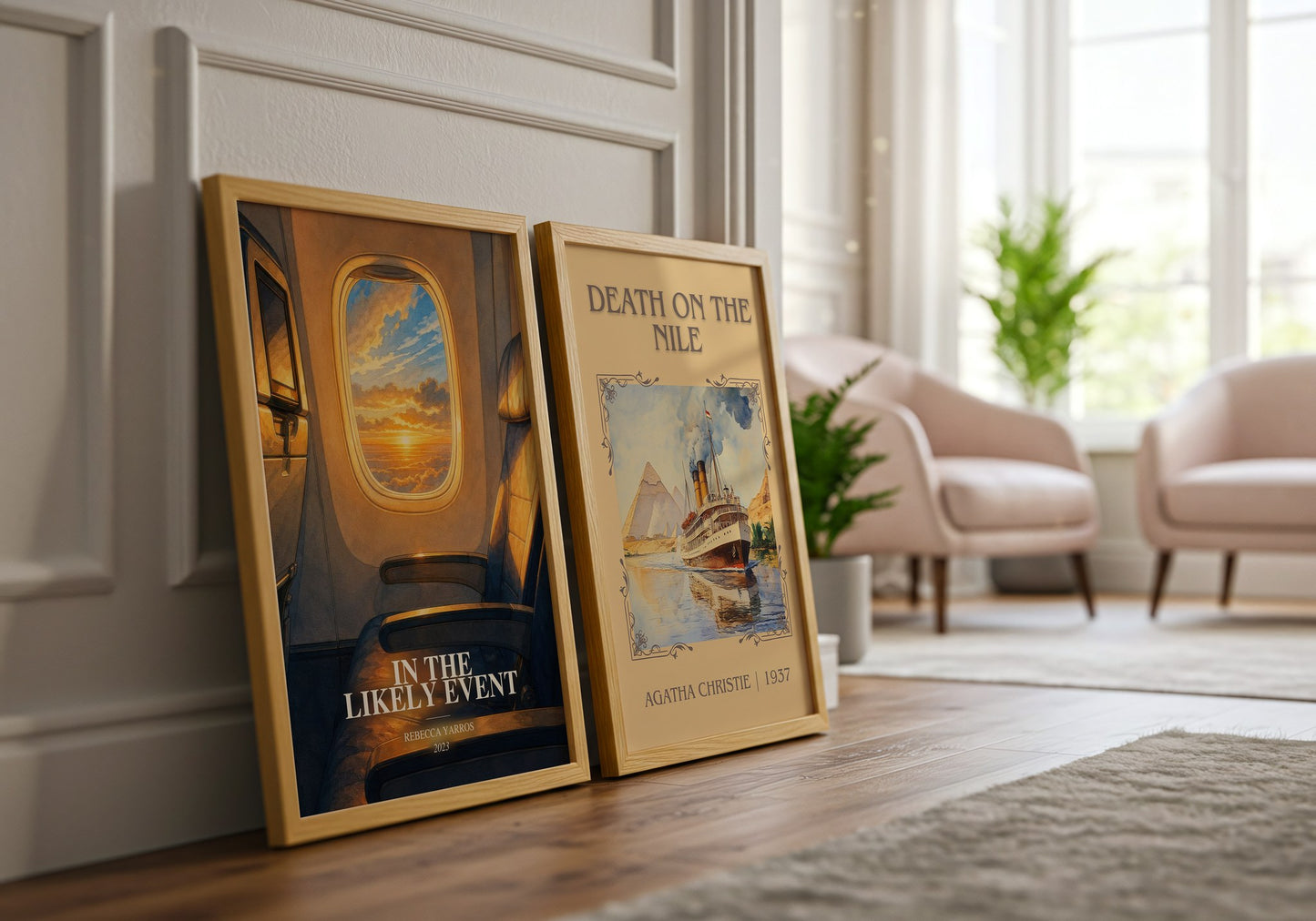 In The Likely Event watercolour print framed by window – literary home decor