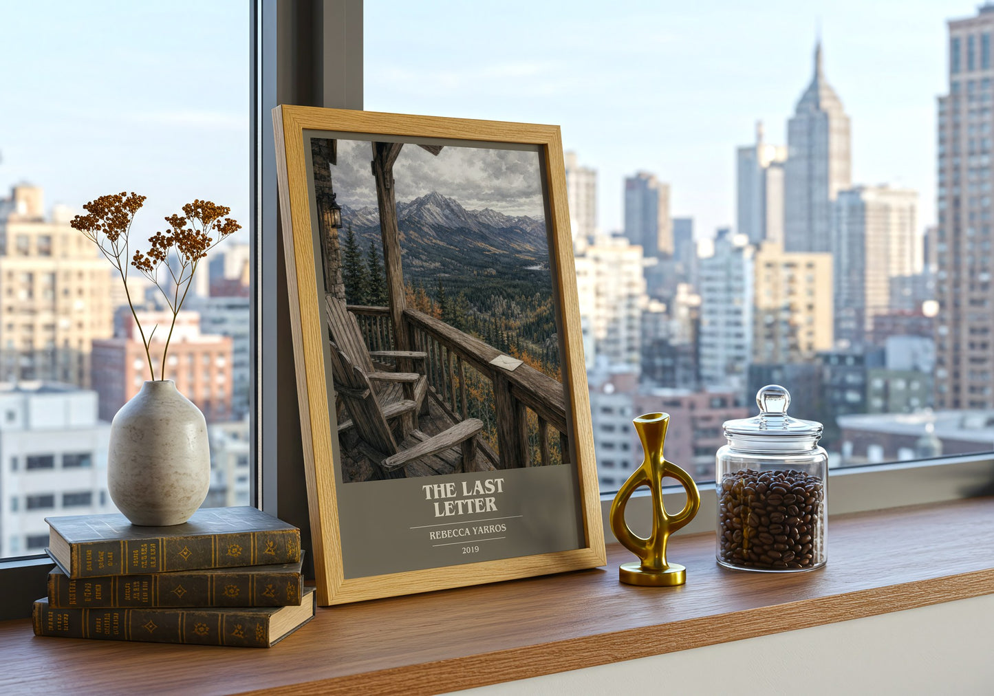 The Last Letter book cover print framed by window – literary home decor