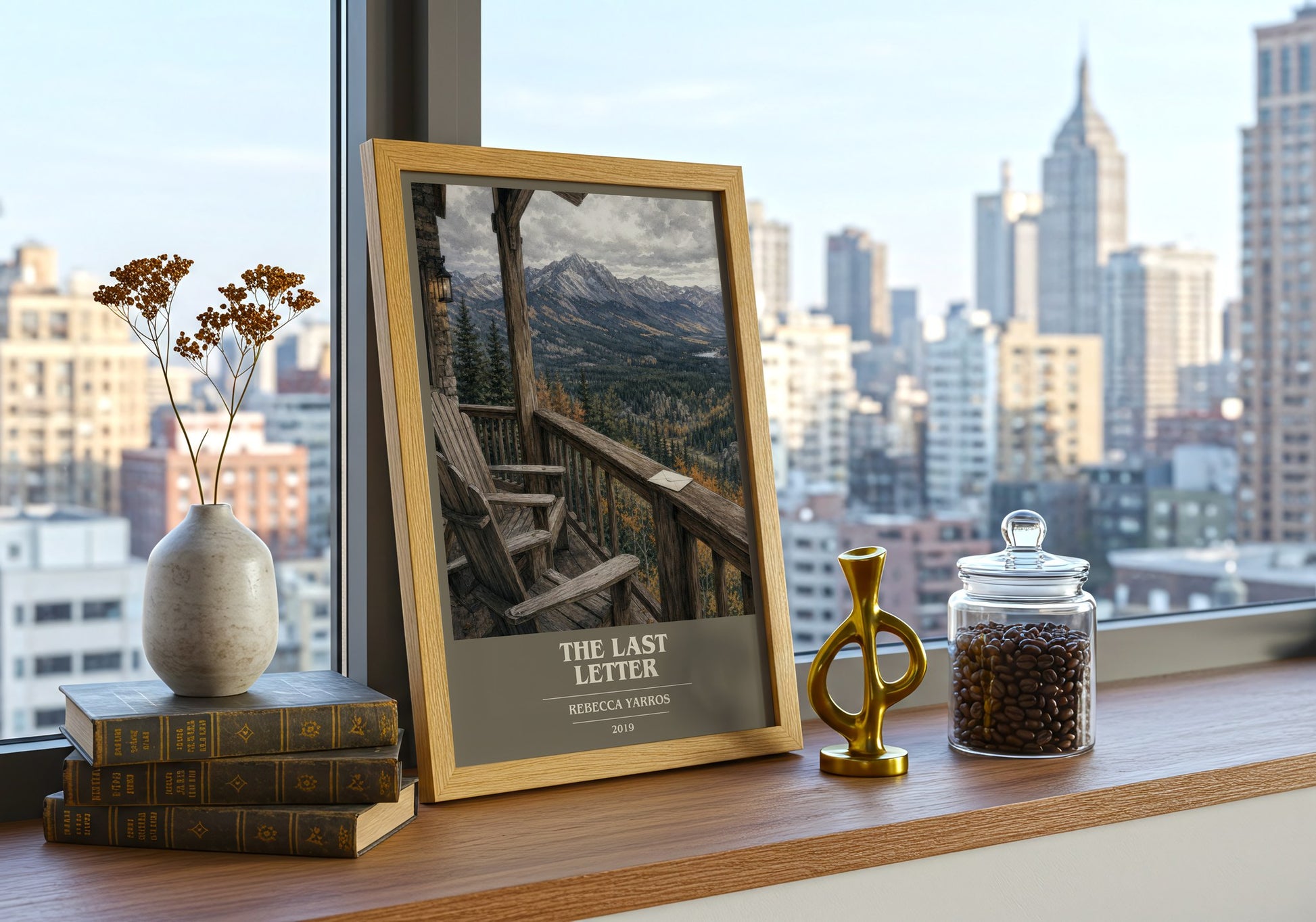 The Last Letter book cover print framed by window – literary home decor