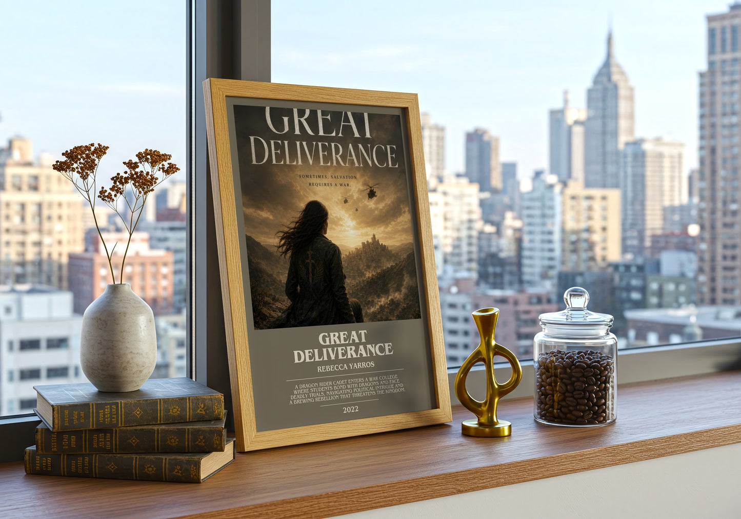 Great Deliverance bookish print framed by window – literary home decor