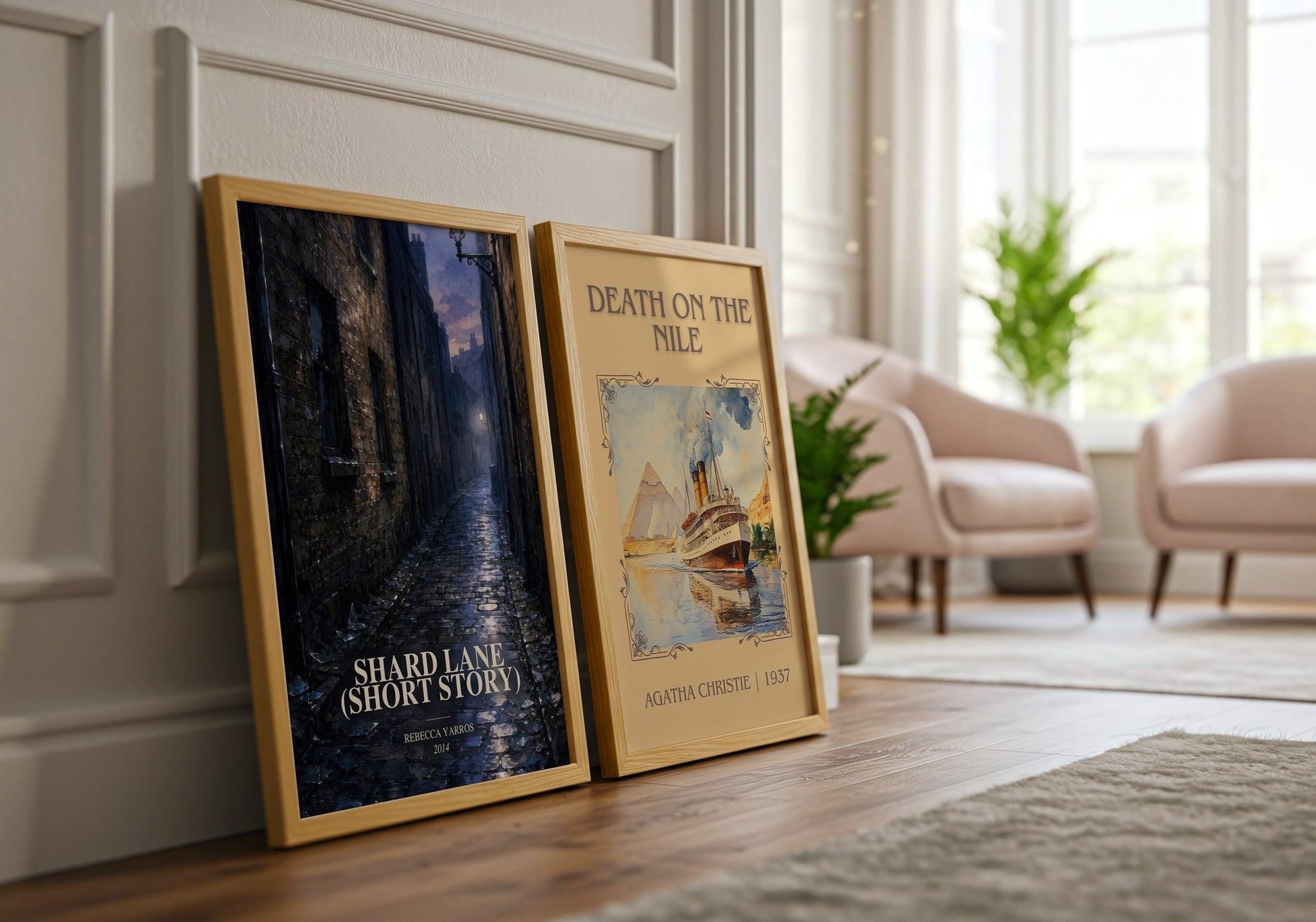 Shard Lane (Short Story) watercolour print framed by window – literary home decor