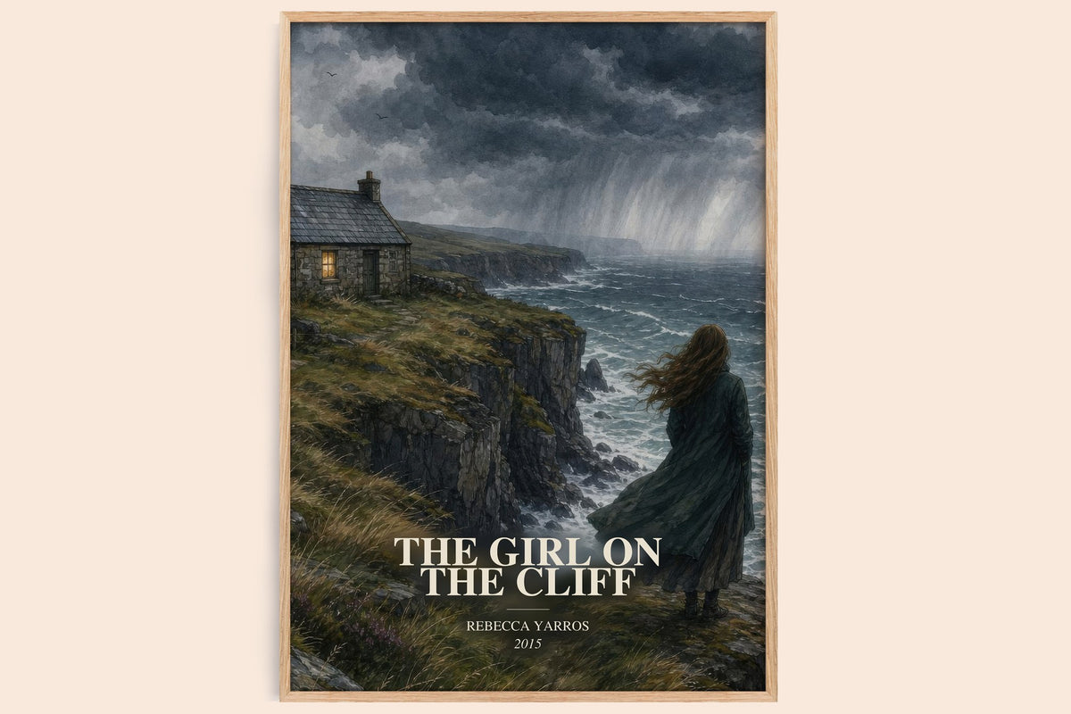 The Girl On The Cliff watercolour book poster by Rebecca Yarros – framed literary art print