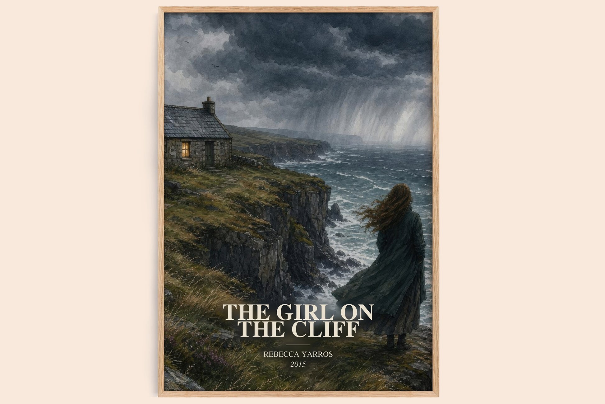 The Girl On The Cliff watercolour book poster by Rebecca Yarros – framed literary art print