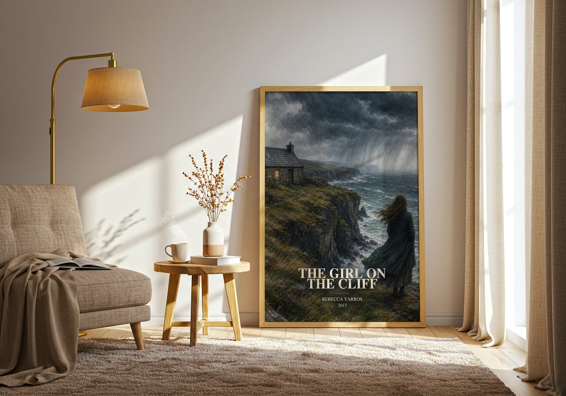 The Girl On The Cliff watercolour print in frame leaning in hallway – romance wall art