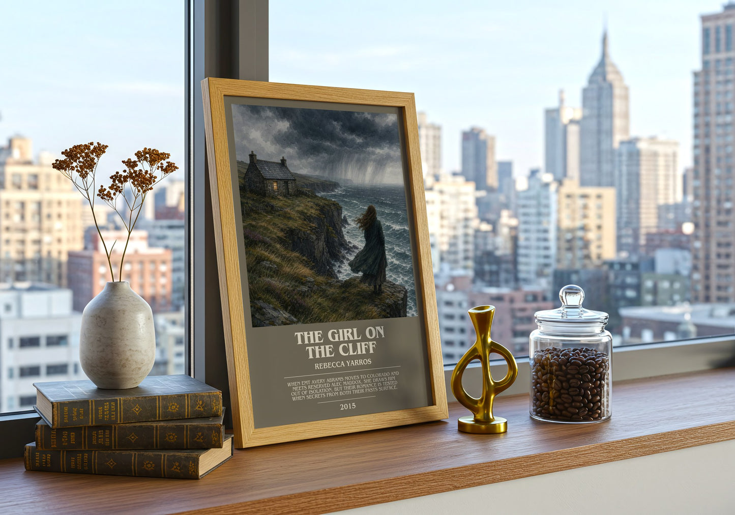 The Girl On The Cliff bookish print framed by window – literary home decor