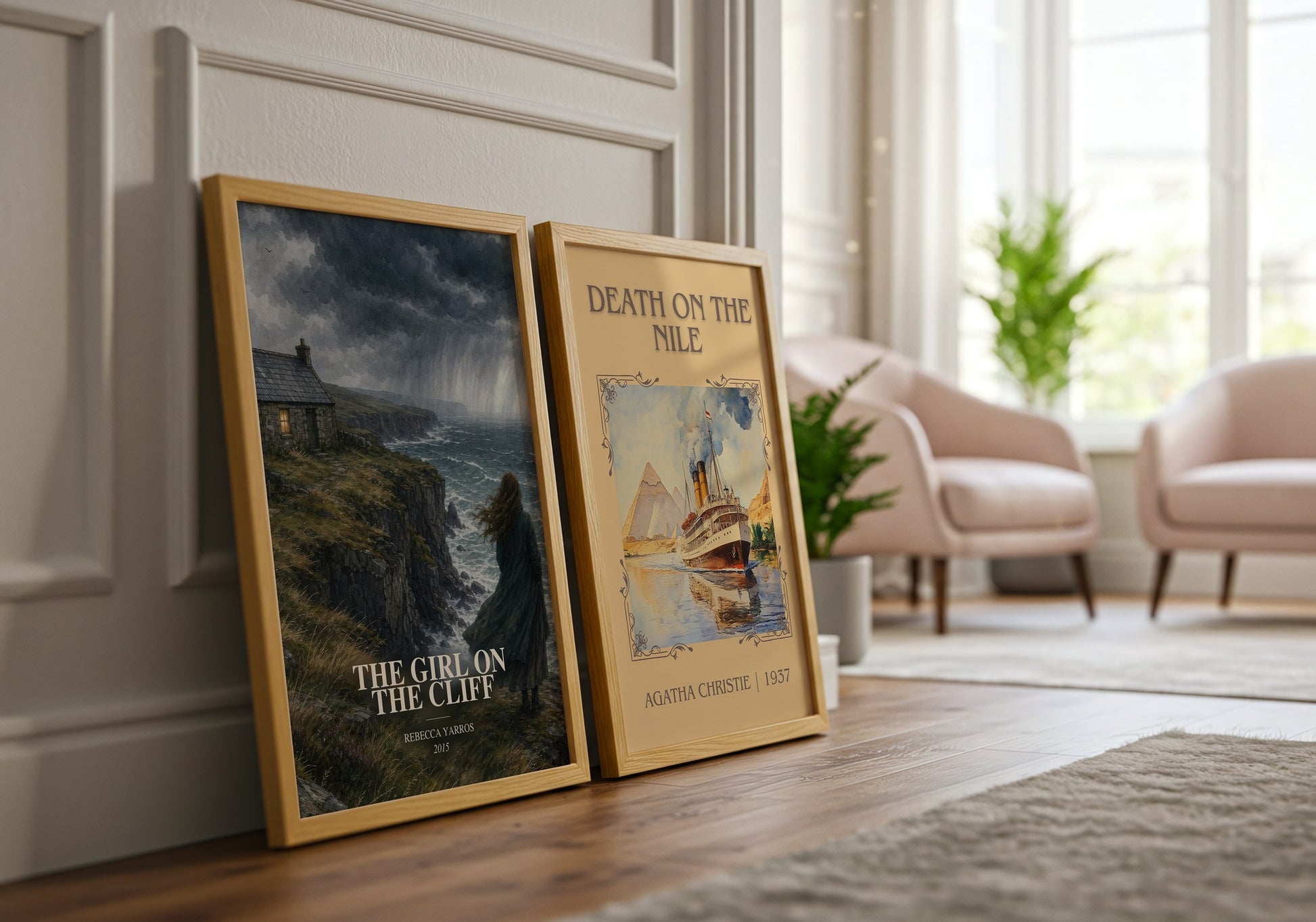 The Girl On The Cliff watercolour print framed by window – literary home decor