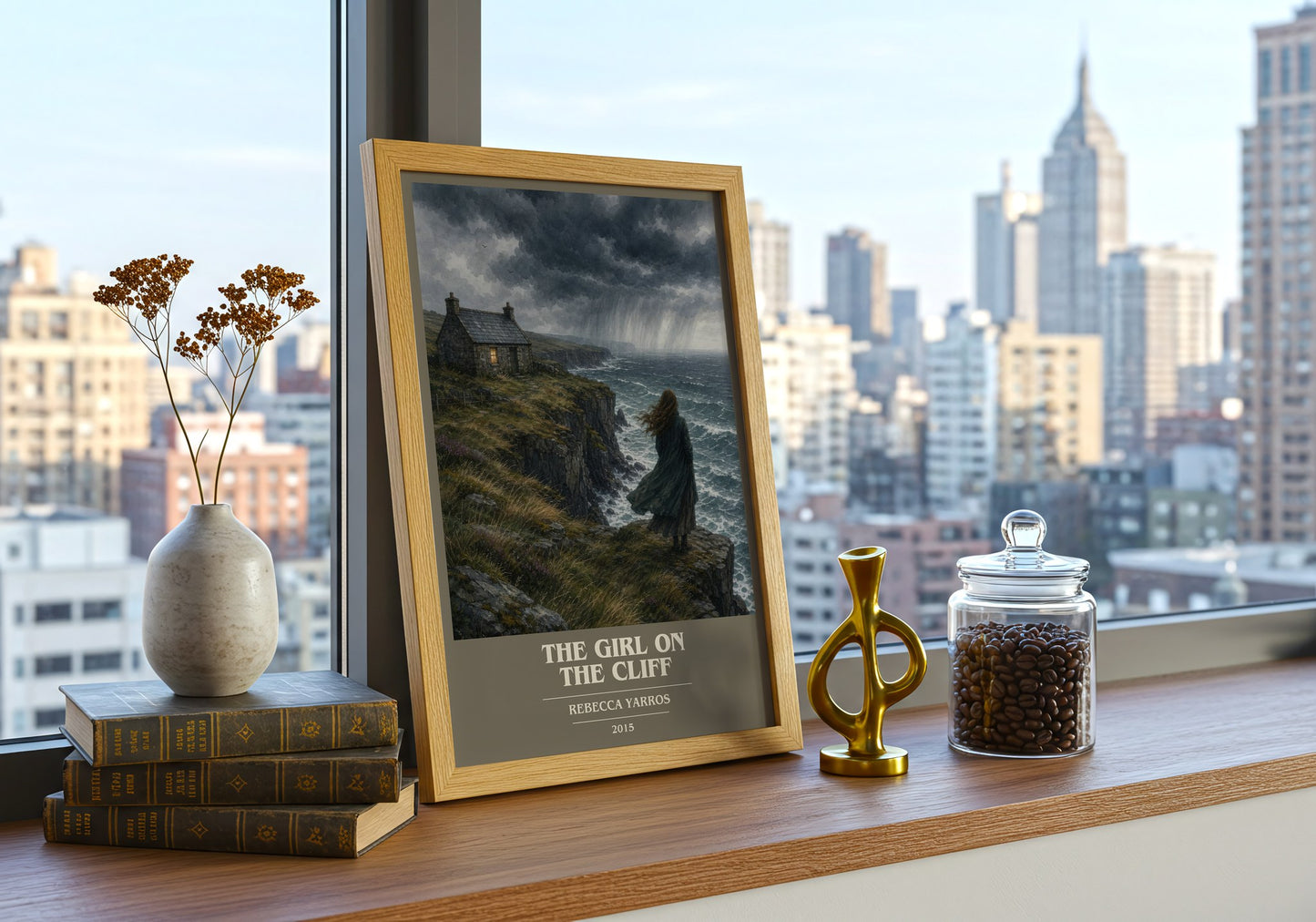 The Girl On The Cliff book cover print framed by window – literary home decor