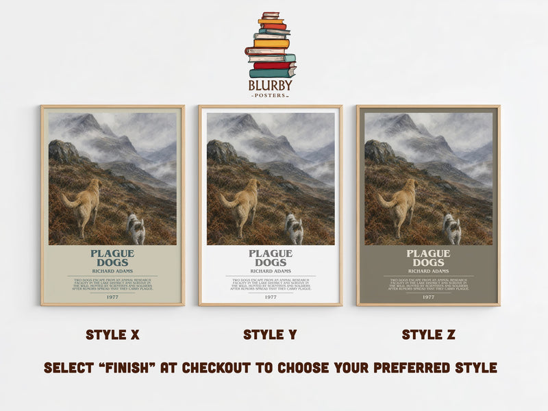 Plague Dogs bookish print in frame leaning in hallway – adventure wall art