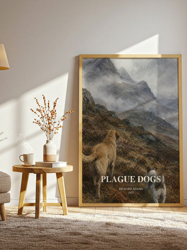 Plague Dogs watercolour print in frame leaning in hallway – adventure wall art
