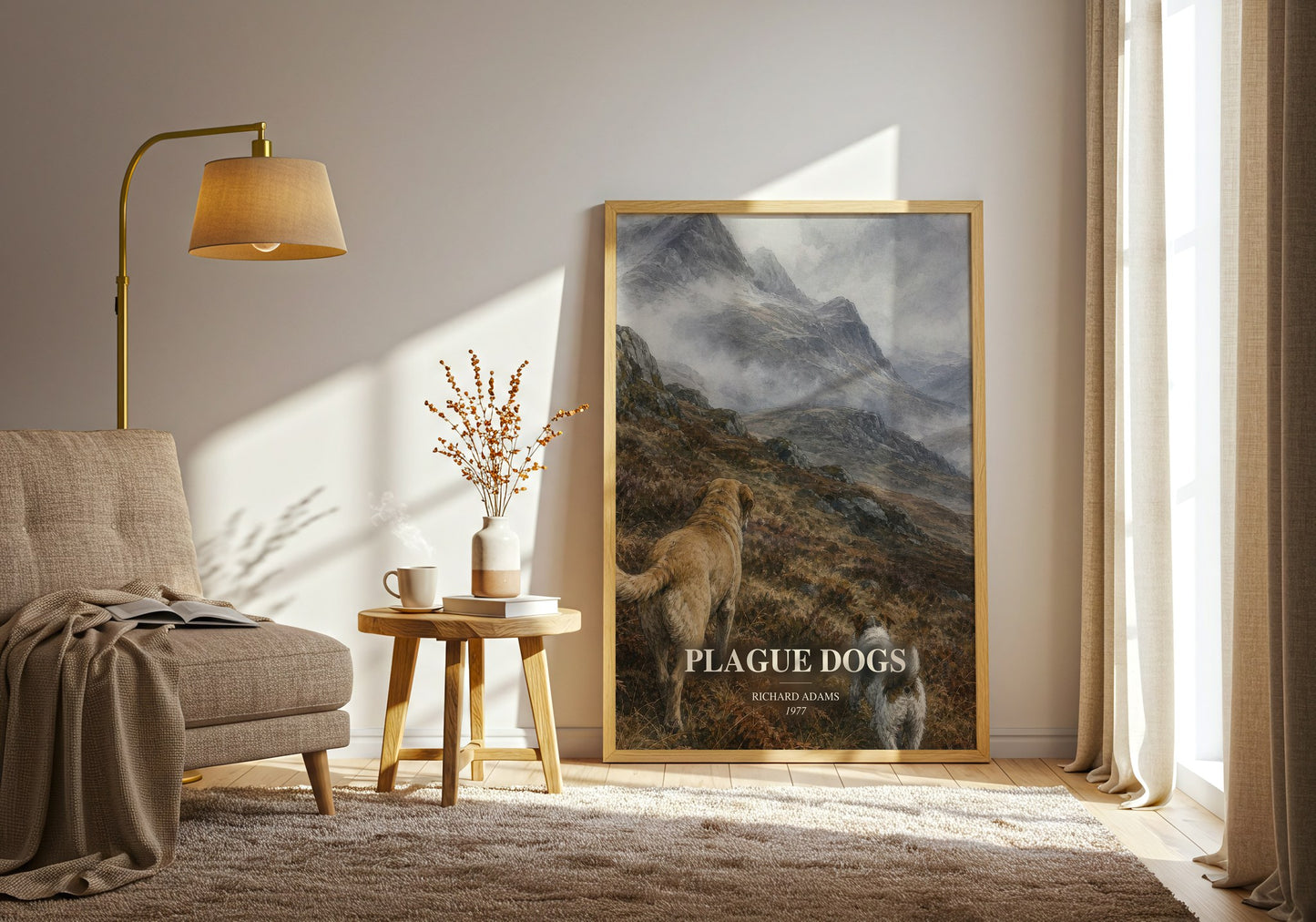 Plague Dogs watercolour print in frame leaning in hallway – adventure wall art