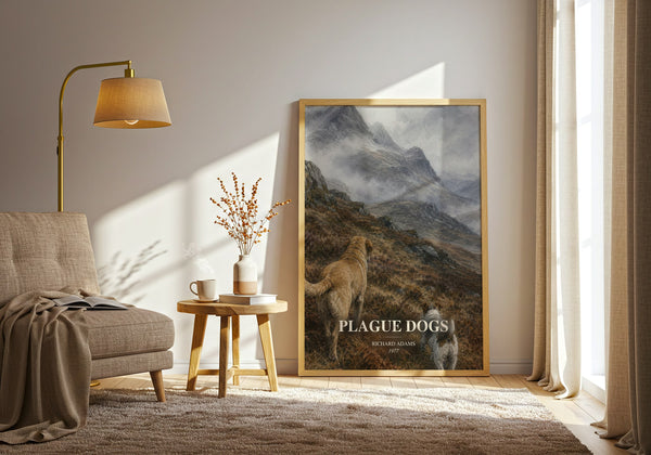 Plague Dogs watercolour print in frame leaning in hallway – adventure wall art