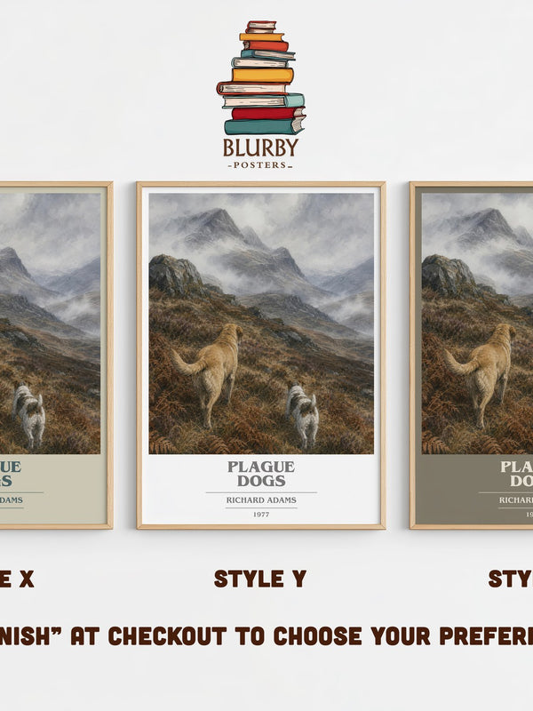 Plague Dogs book cover print in frame leaning in hallway – adventure wall art