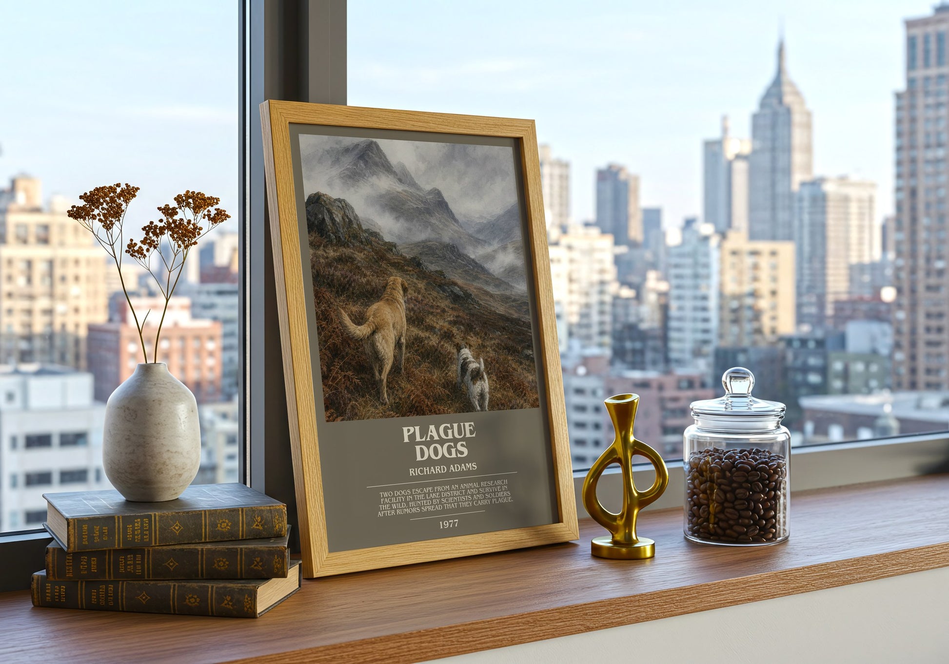 Plague Dogs bookish print framed by window – literary home decor