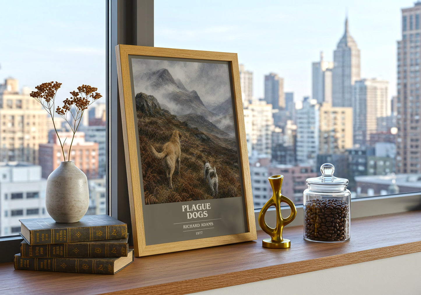 Plague Dogs book cover print framed by window – literary home decor