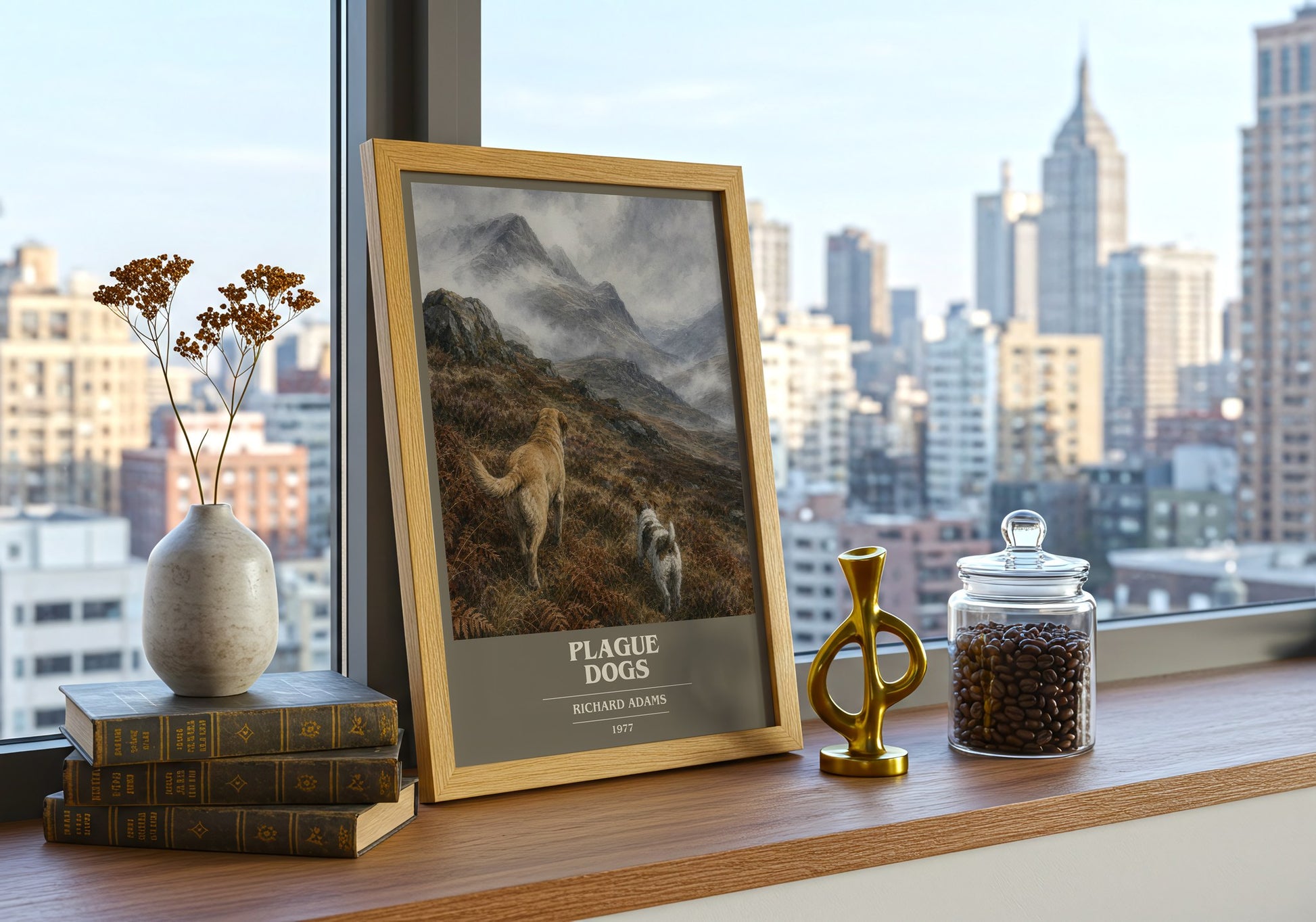 Plague Dogs book cover print framed by window – literary home decor