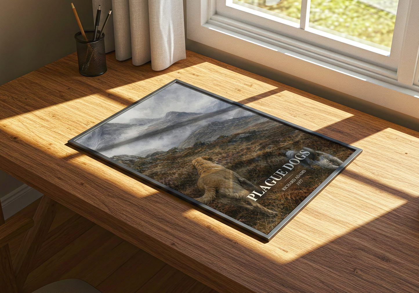 Plague Dogs watercolour book poster framed on wall – adventure wall art