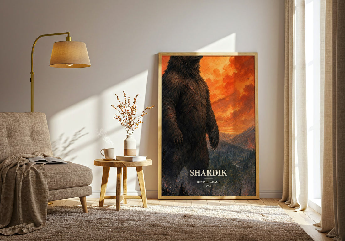 Shardik watercolour print in frame leaning in hallway – fantasy wall art (mockup)
