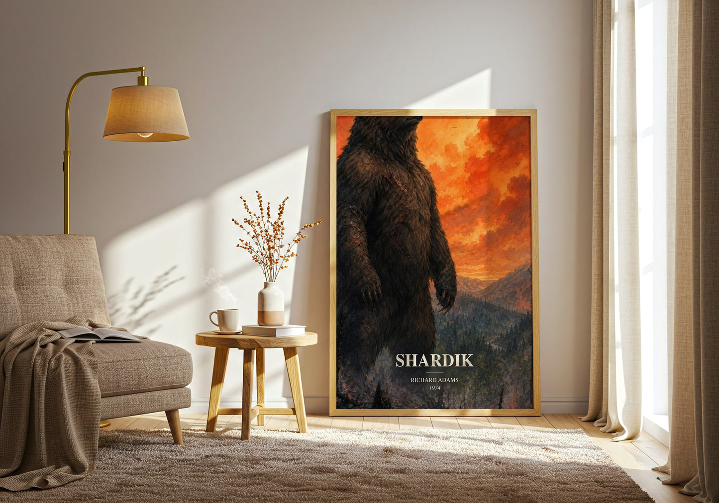 Shardik watercolour print in frame leaning in hallway – fantasy wall art