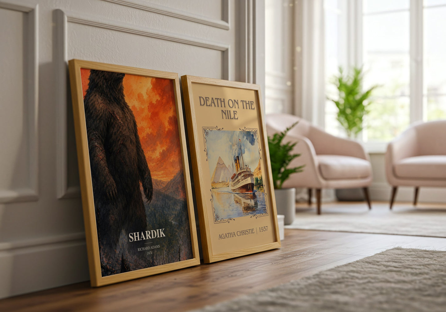 Shardik watercolour print framed by window – literary home decor