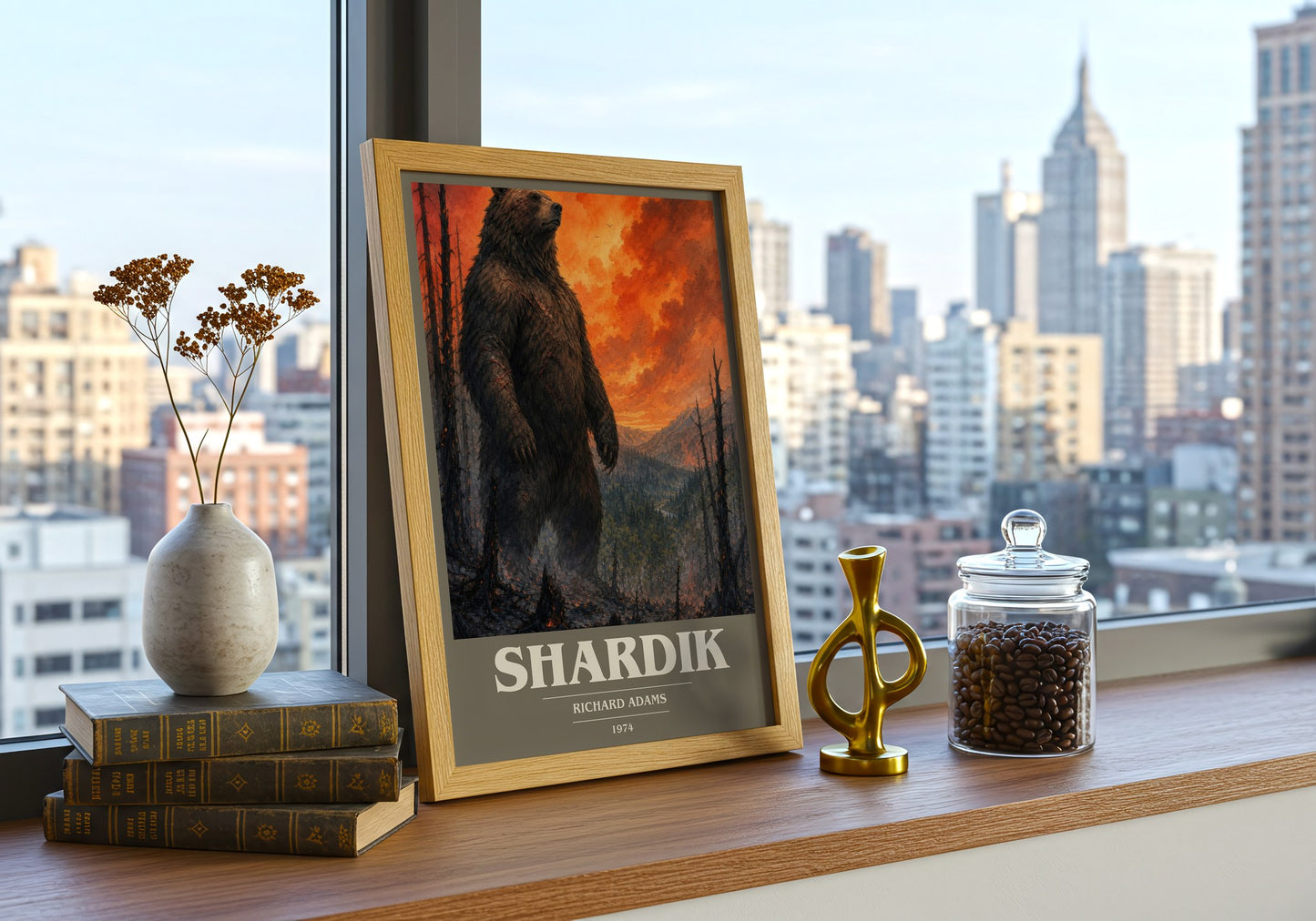 Shardik book cover print framed by window – literary home decor
