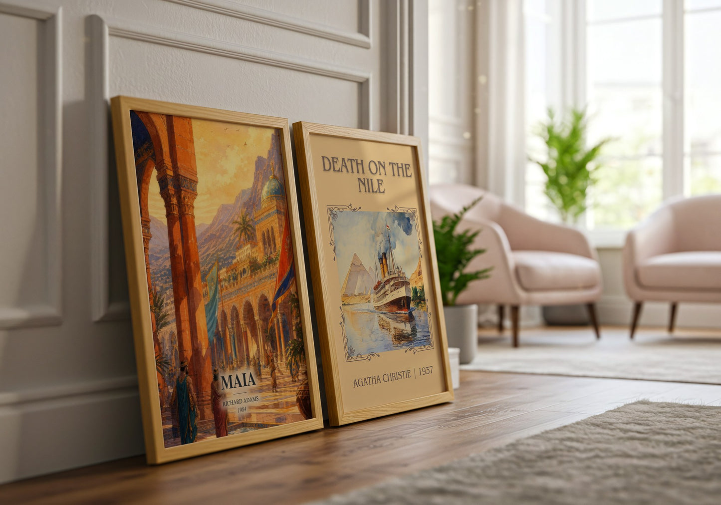 Maia watercolour print framed by window – literary home decor