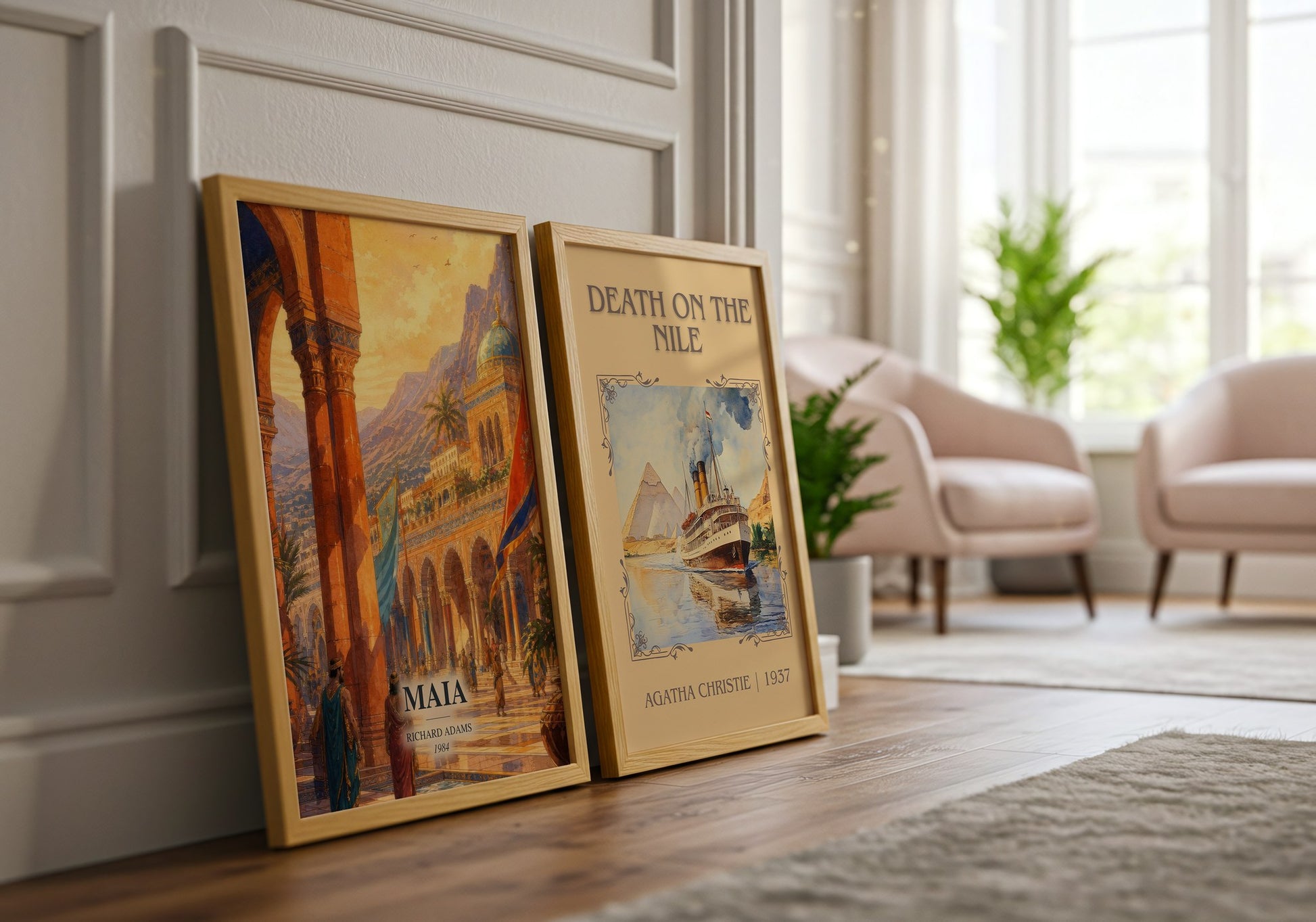 Maia watercolour print framed by window – literary home decor