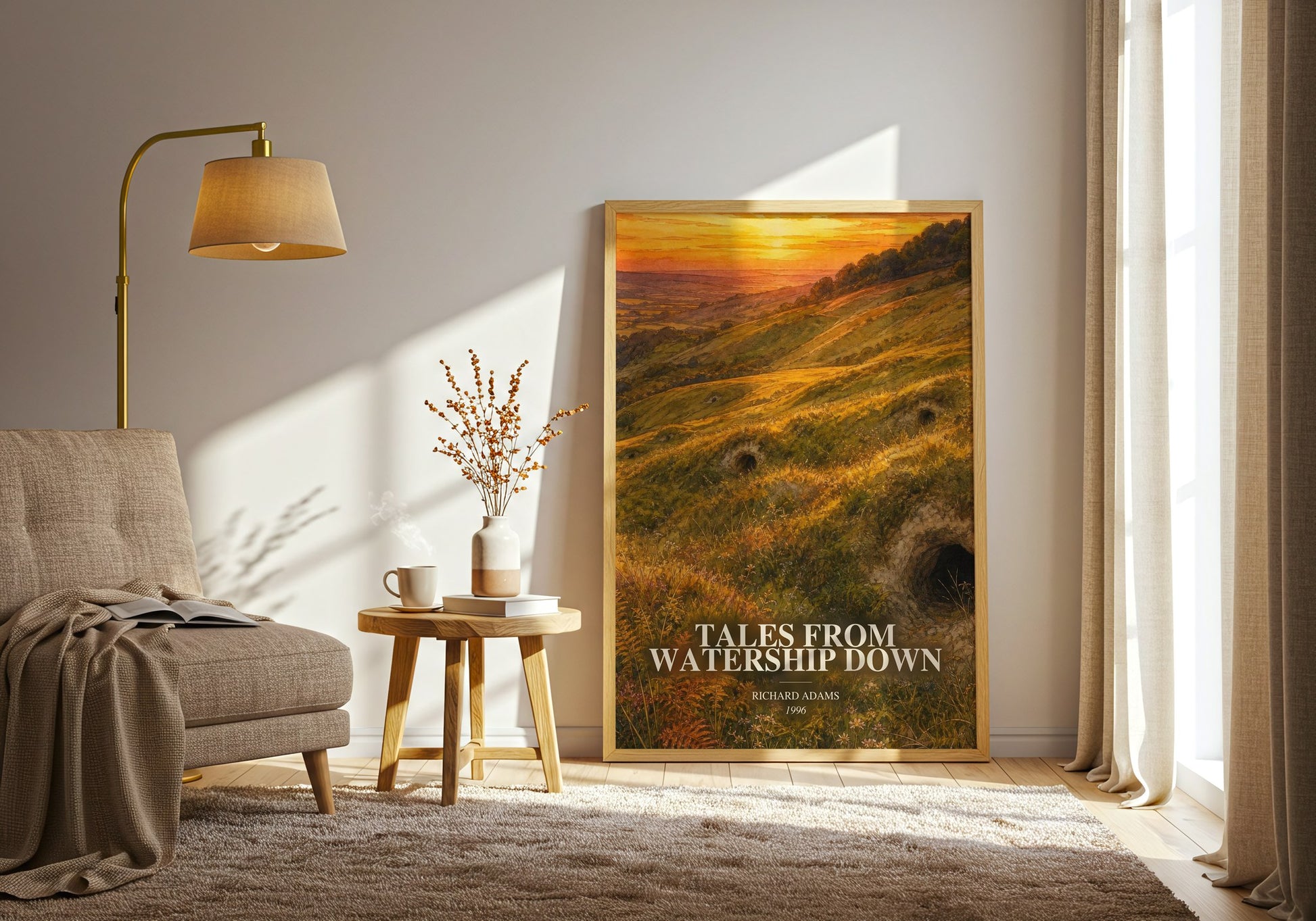 Tales From Watership Down watercolour print in frame leaning in hallway – fantasy wall art