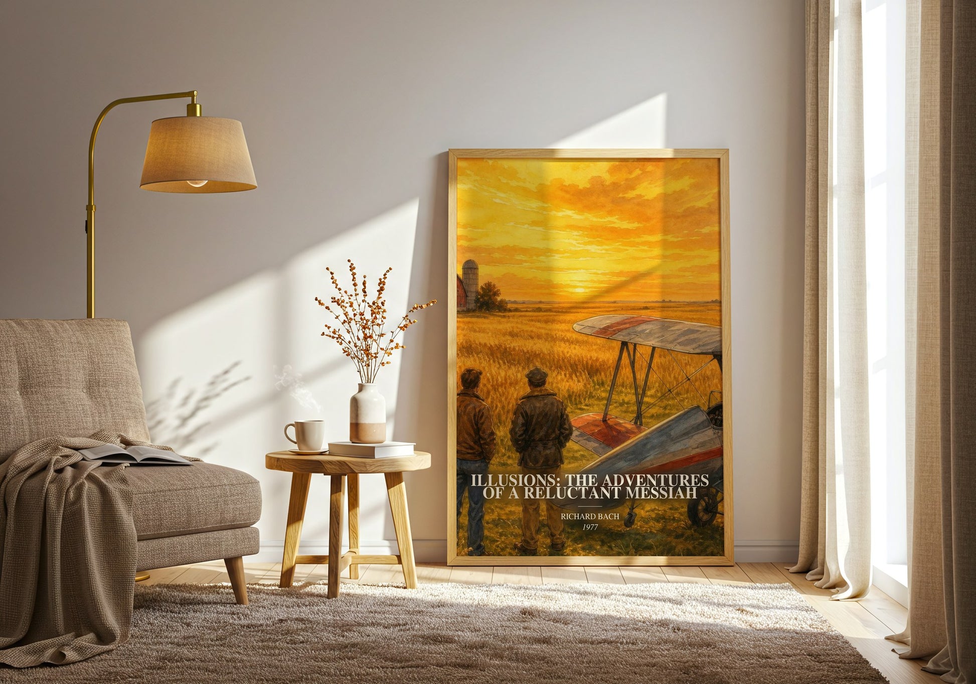 Illusions: The Adventures Of A Reluctant Messiah watercolour print in frame leaning in hallway – philosophy wall art
