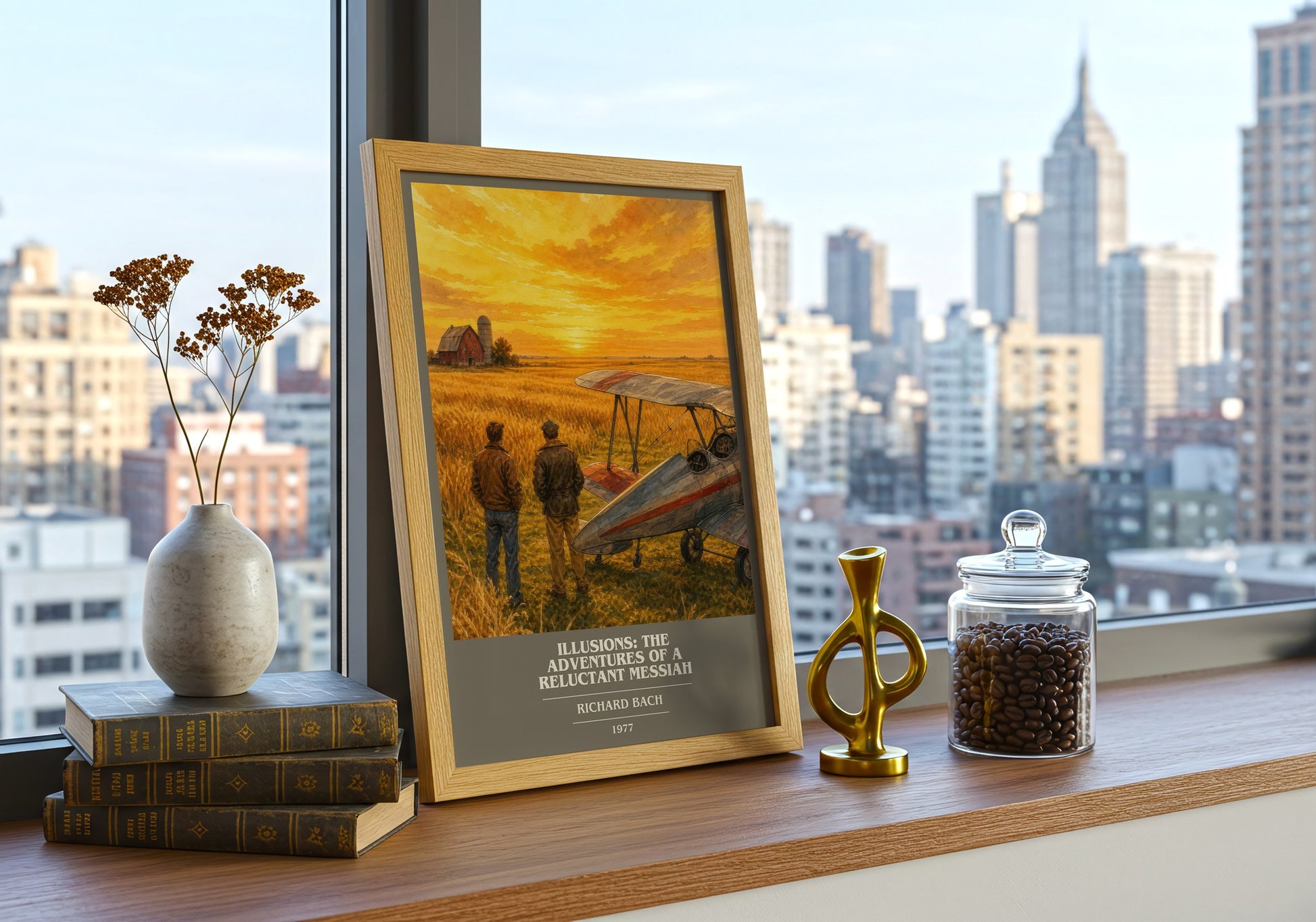Illusions: The Adventures Of A Reluctant Messiah book cover print framed by window – literary home decor
