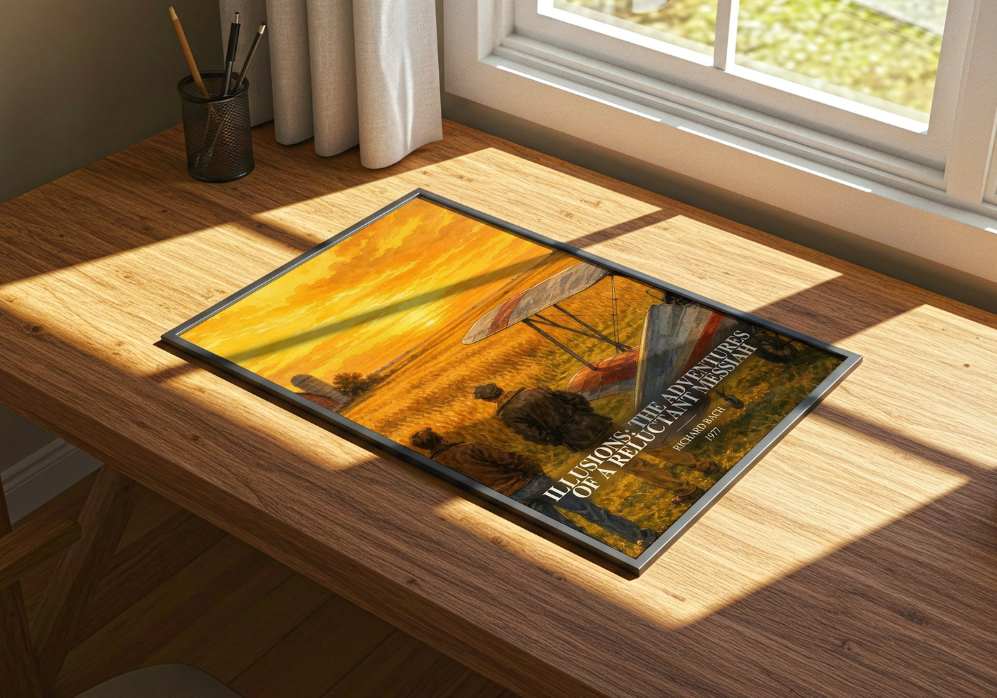 Illusions: The Adventures Of A Reluctant Messiah watercolour book poster framed on wall – philosophy wall art