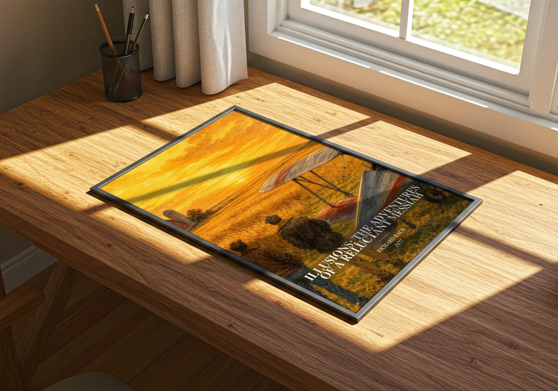Illusions: The Adventures Of A Reluctant Messiah watercolour book poster framed on wall – philosophy wall art
