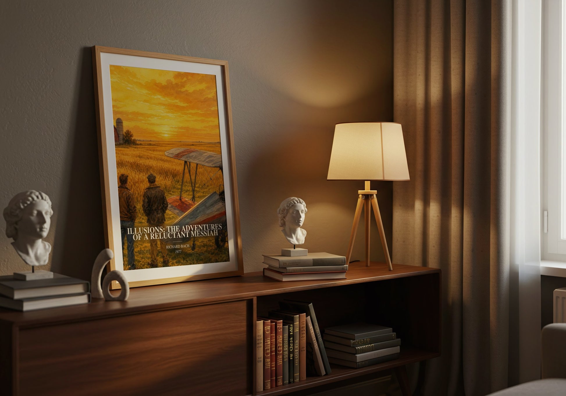 Illusions: The Adventures Of A Reluctant Messiah watercolour print on bookshelf – Richard Bach fan gift