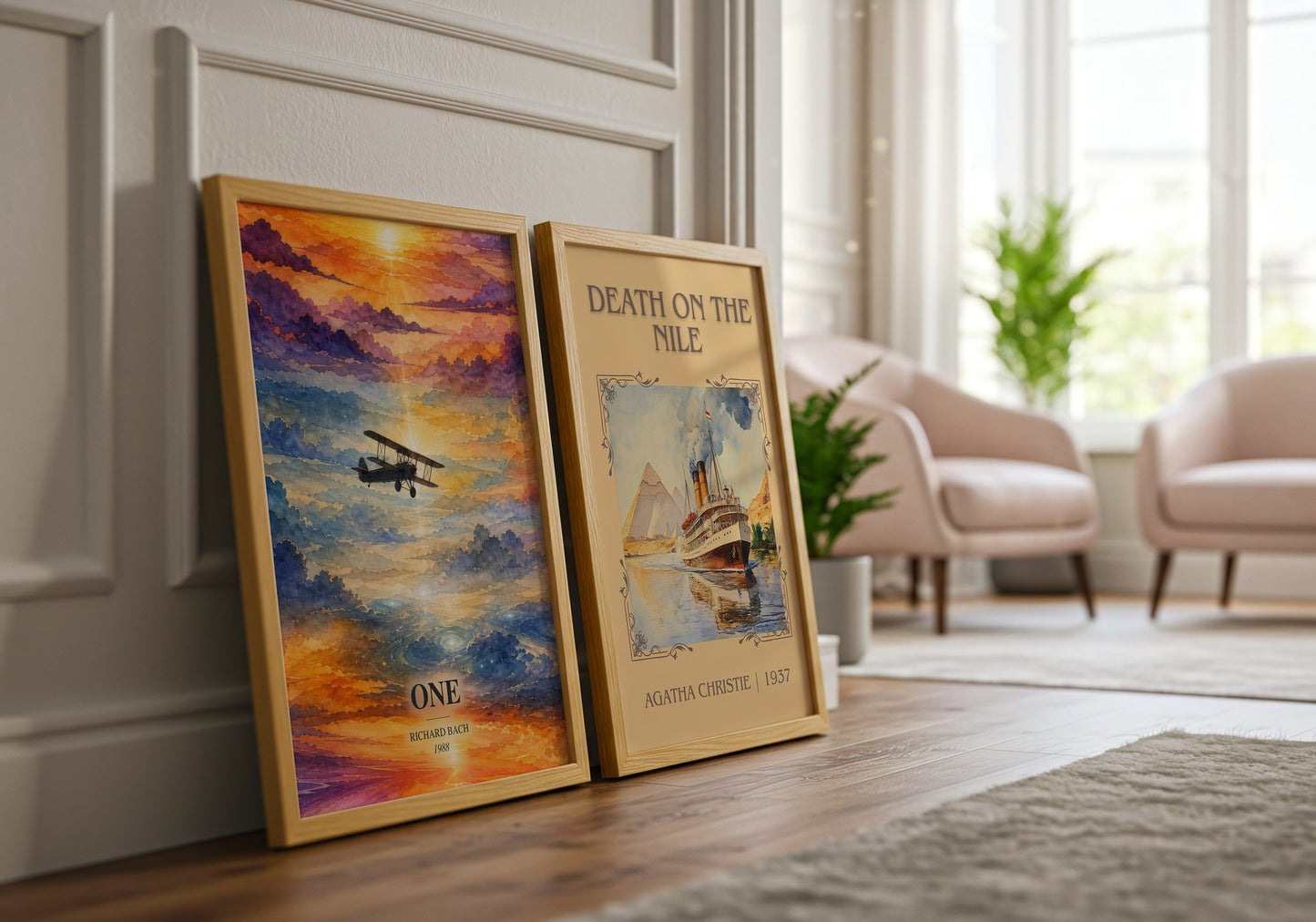 One watercolour print framed by window – literary home decor