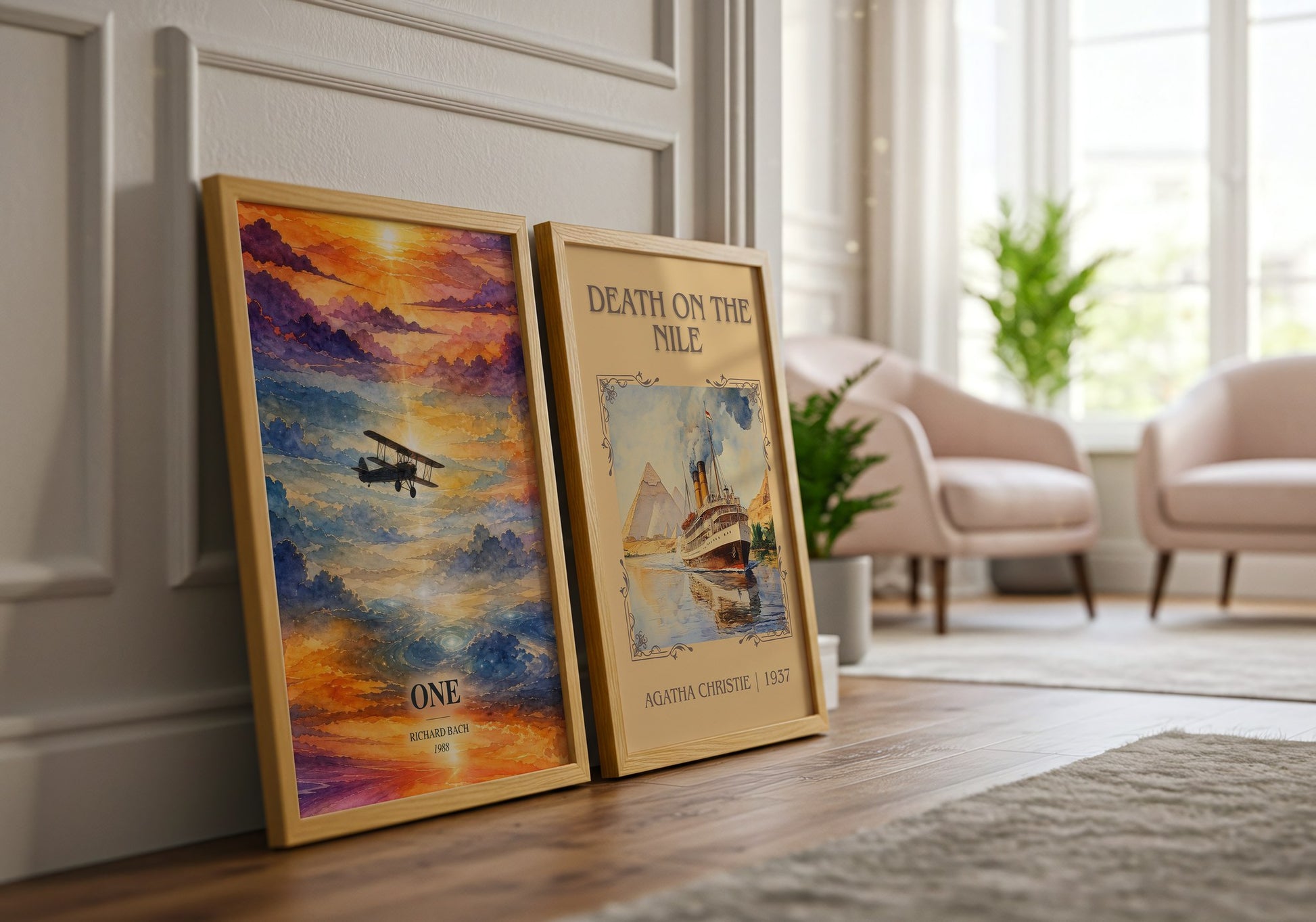 One watercolour print framed by window – literary home decor
