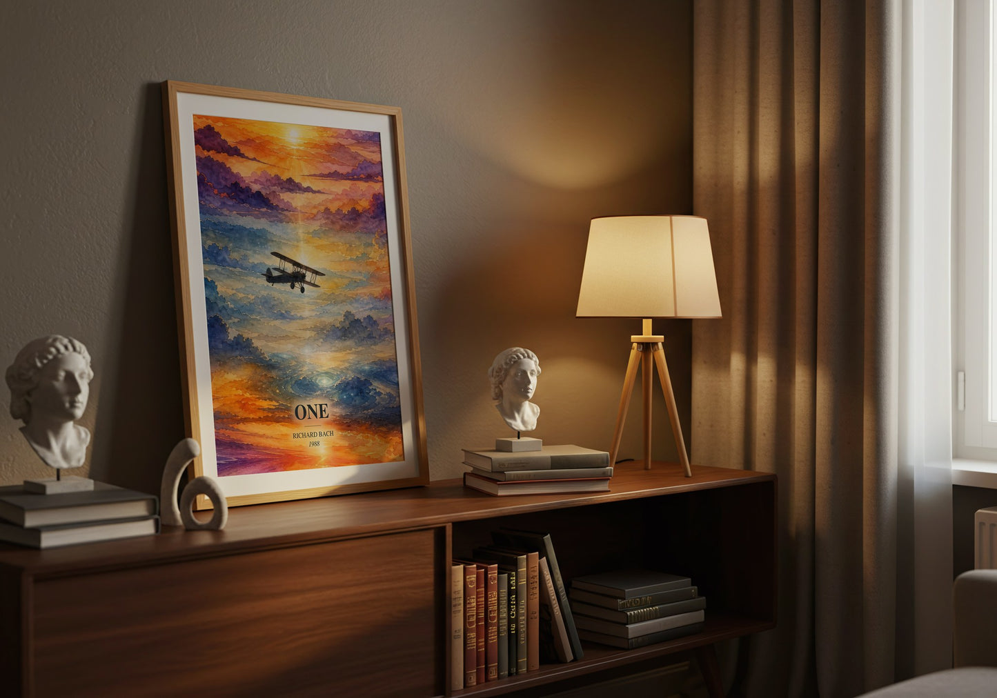 One watercolour print on bookshelf – Richard Bach fan gift