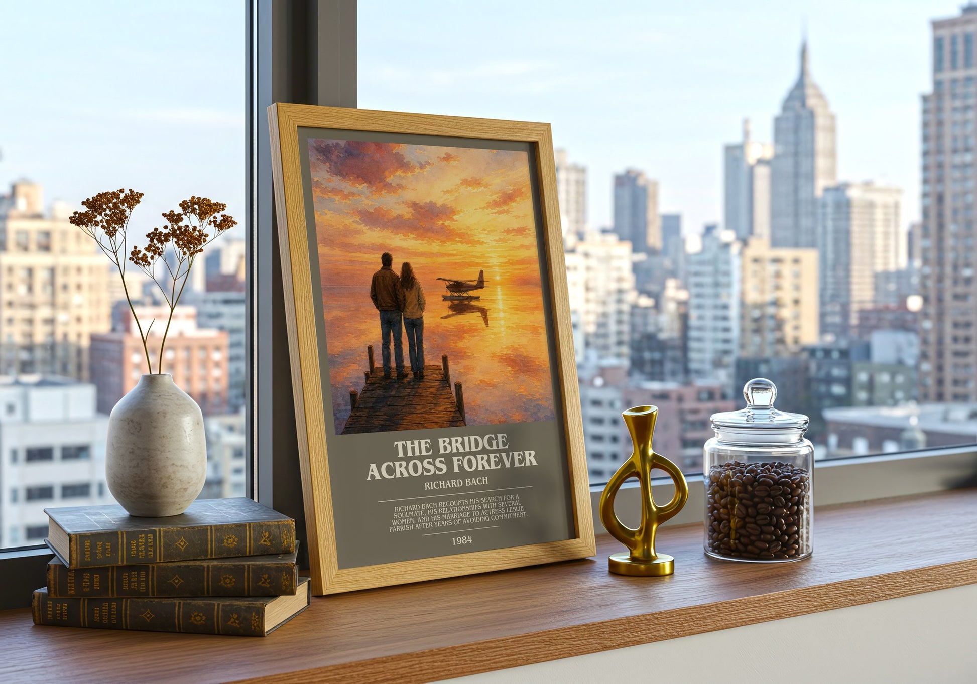 The Bridge Across Forever bookish print framed by window – literary home decor