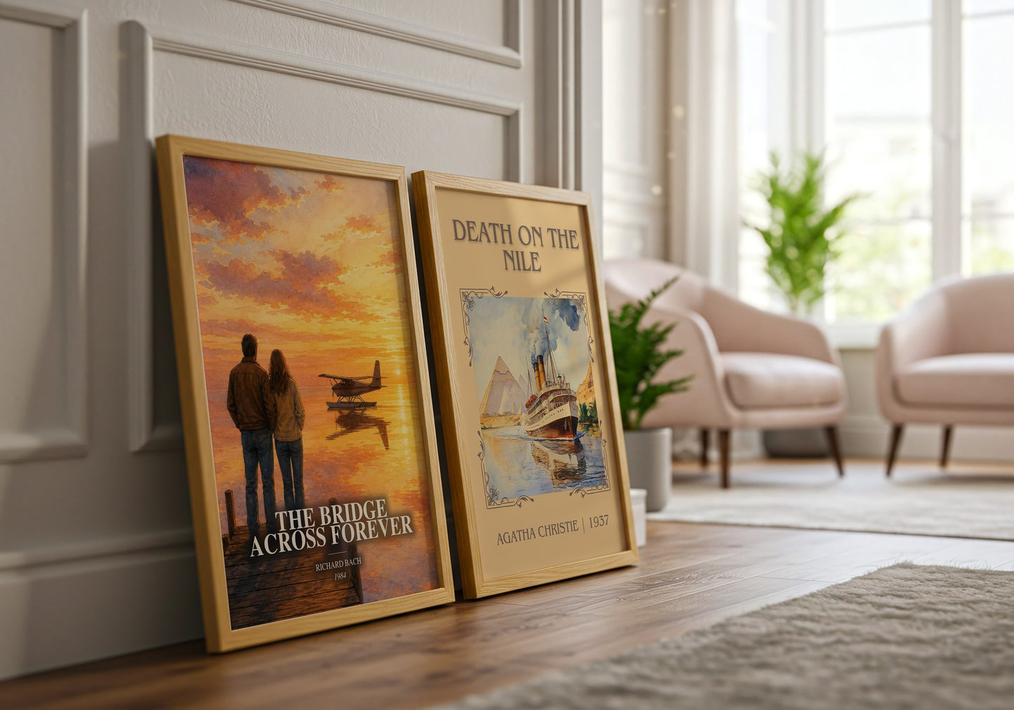 The Bridge Across Forever watercolour print framed by window – literary home decor