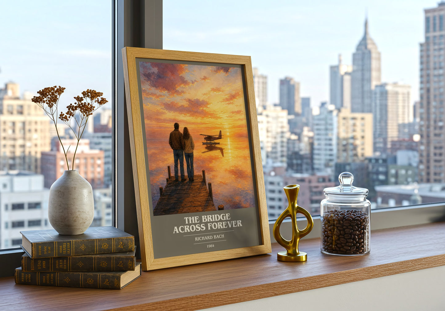 The Bridge Across Forever book cover print framed by window – literary home decor
