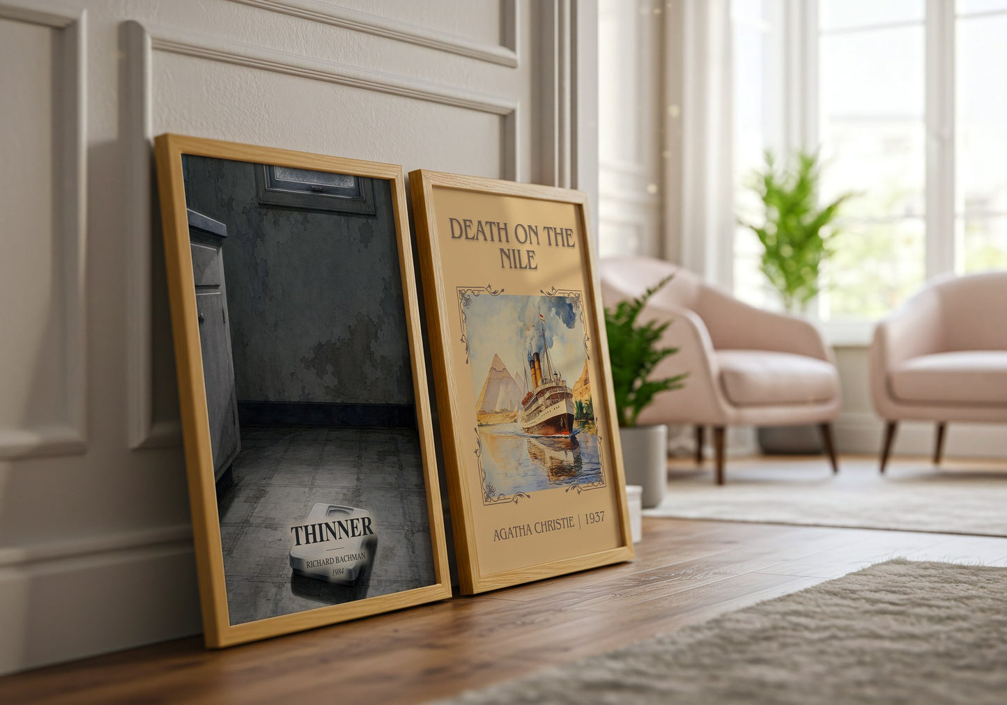 Thinner watercolour print framed by window – literary home decor