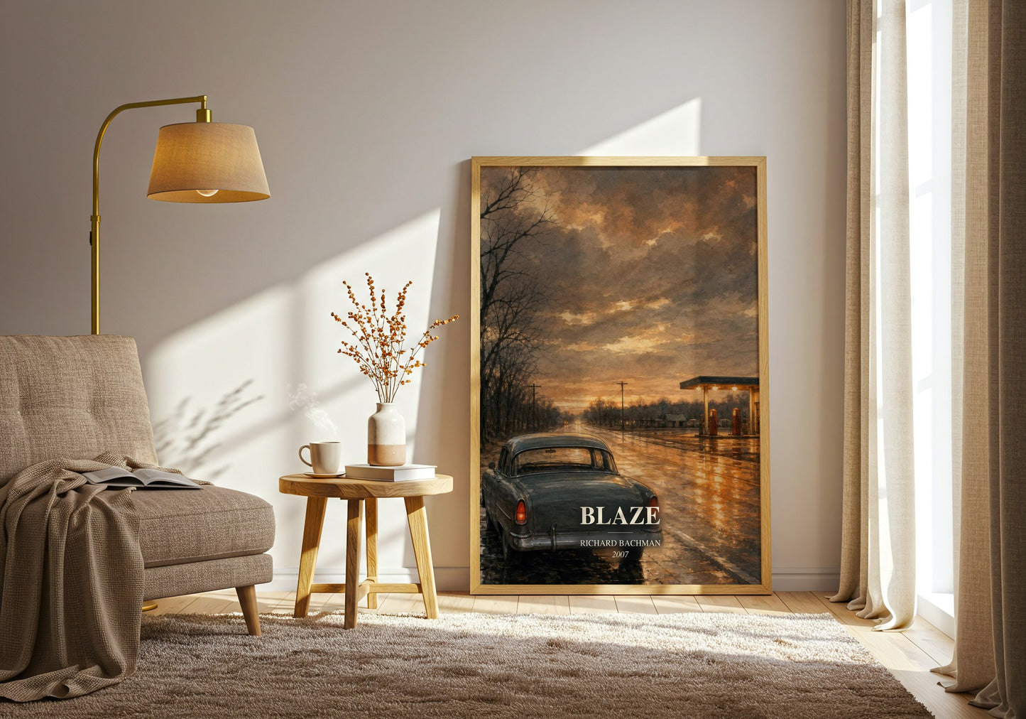 Blaze watercolour print in frame leaning in hallway – thriller wall art