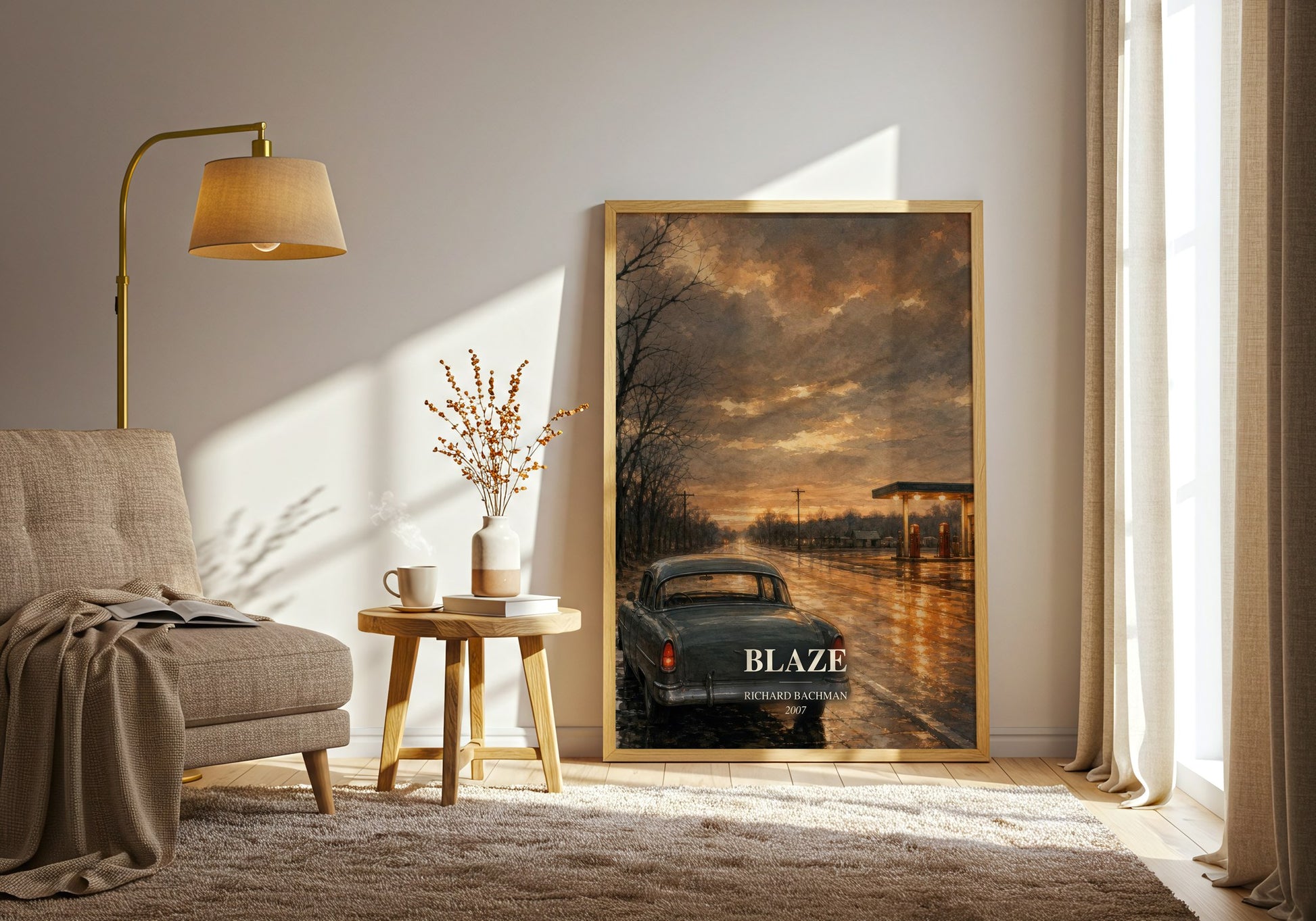 Blaze watercolour print in frame leaning in hallway – thriller wall art