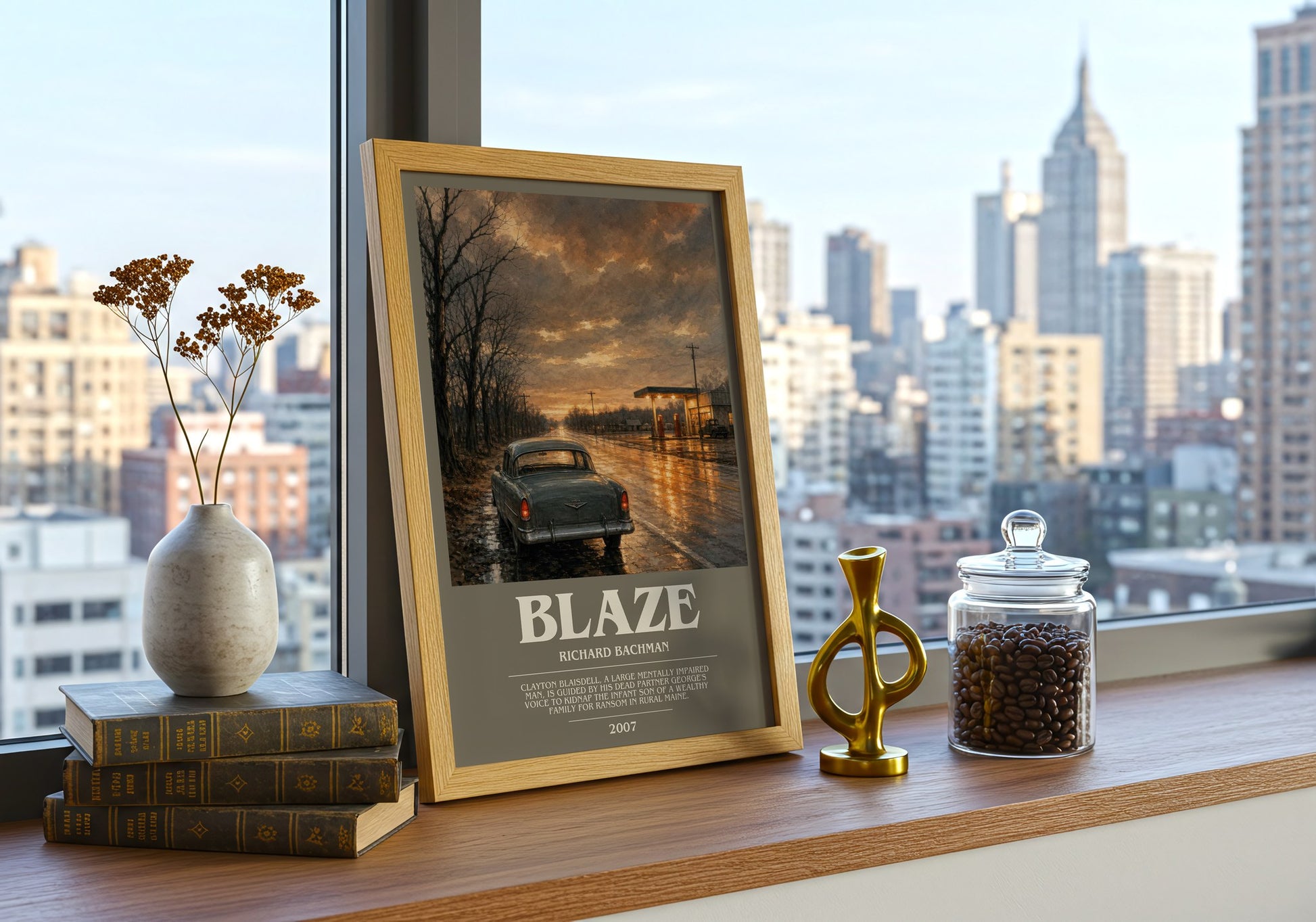 Blaze bookish print framed by window – literary home decor