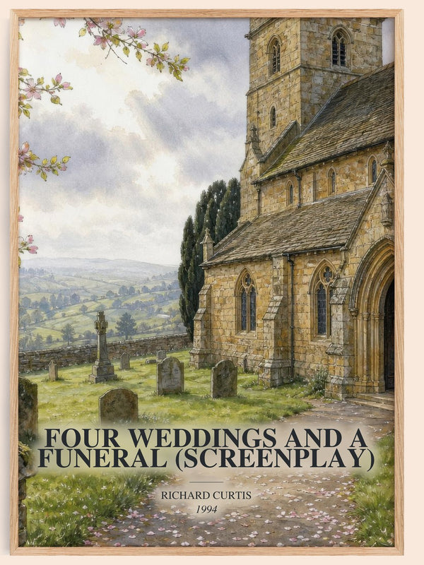 Four Weddings And A Funeral (Screenplay) watercolour book poster by Richard Curtis – framed literary art print