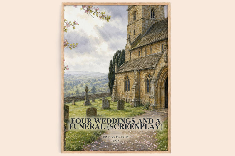 Four Weddings And A Funeral (Screenplay) watercolour book poster by Richard Curtis – framed literary art print
