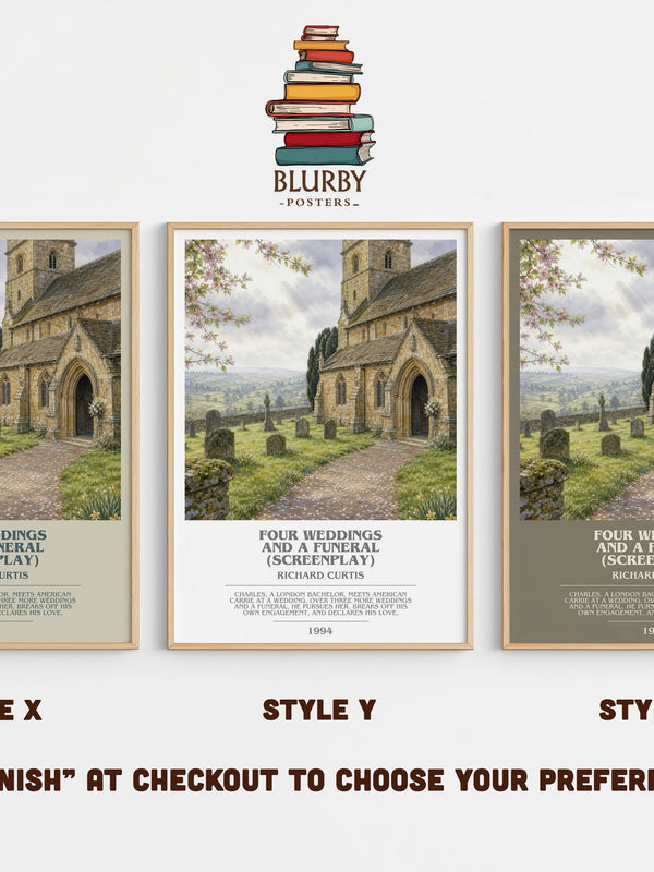 Four Weddings And A Funeral (Screenplay) bookish print in frame leaning in hallway – contemporary fiction wall art
