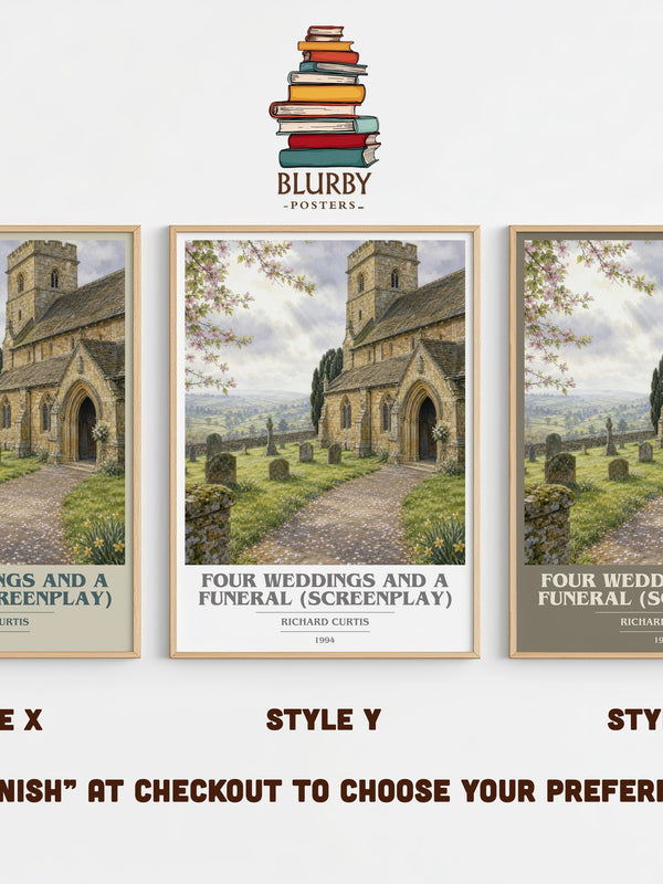 Four Weddings And A Funeral (Screenplay) book cover print in frame leaning in hallway – contemporary fiction wall art