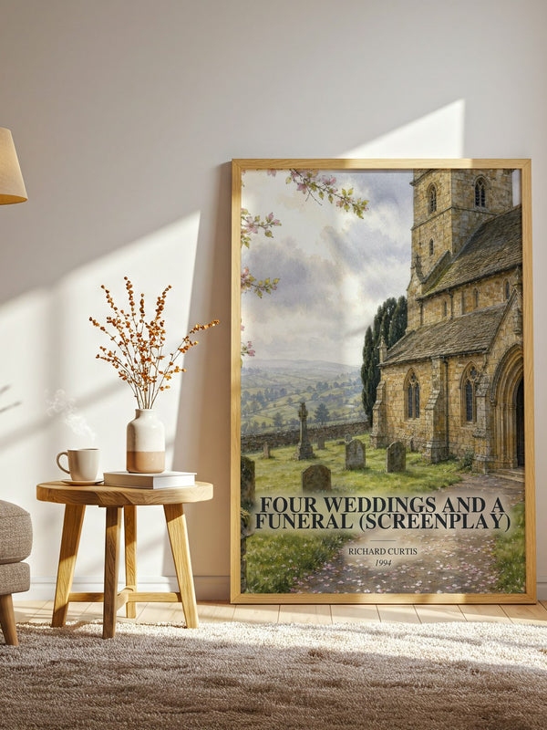 Four Weddings And A Funeral (Screenplay) watercolour print in frame leaning in hallway – contemporary fiction wall art