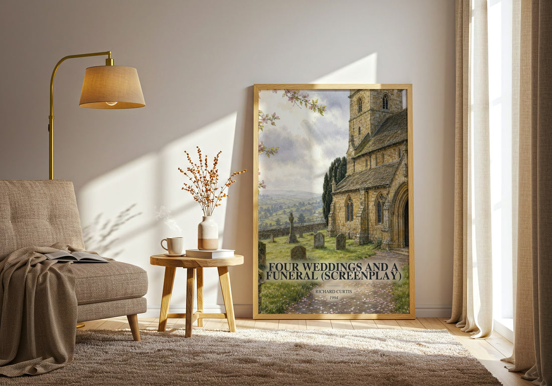 Four Weddings And A Funeral (Screenplay) watercolour print in frame leaning in hallway – contemporary fiction wall art (mockup)