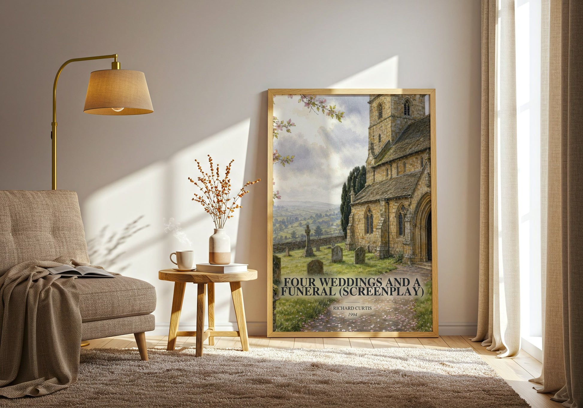 Four Weddings And A Funeral (Screenplay) watercolour print in frame leaning in hallway – contemporary fiction wall art