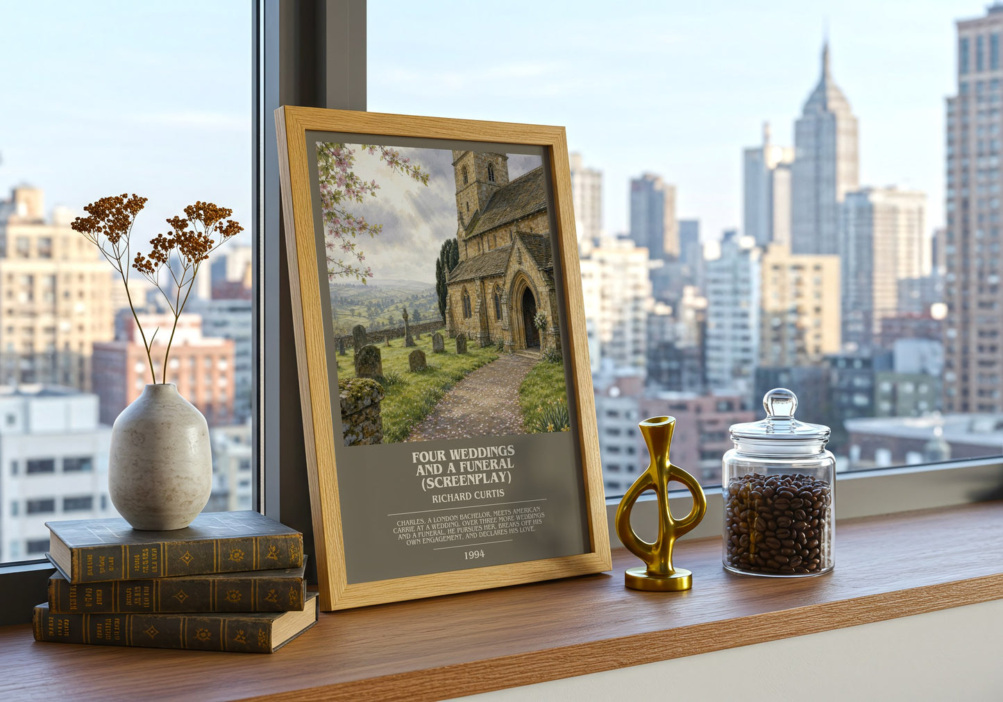 Four Weddings And A Funeral (Screenplay) bookish print framed by window – literary home decor